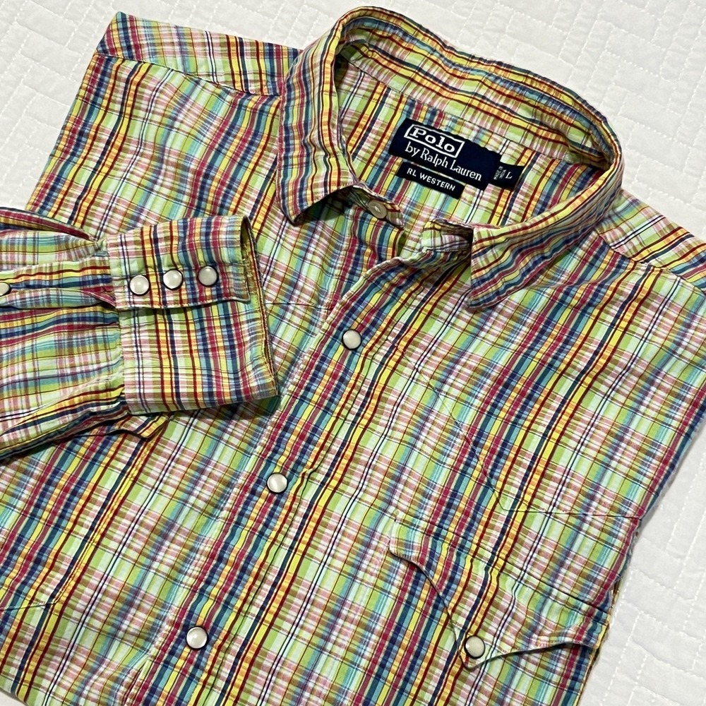 Vintage Polo Ralph Lauren Shirt Mens Large Colorful Plaid Pearl Snap RL Western